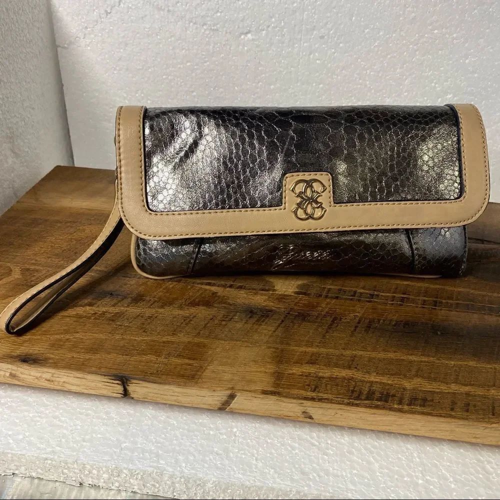 Guess Metallic Clutch Pewter Purse with strap